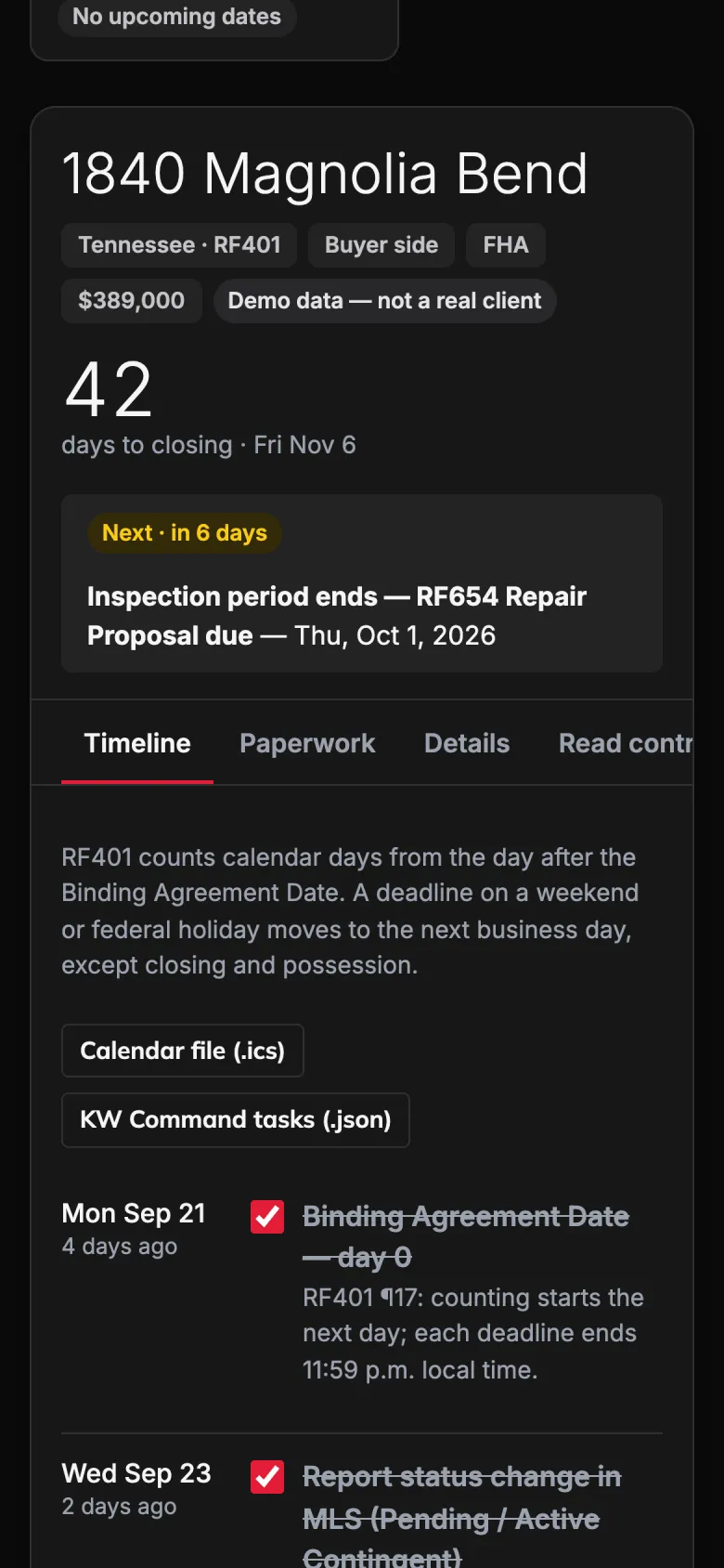 DealLine on a phone showing days to closing and the next deadline